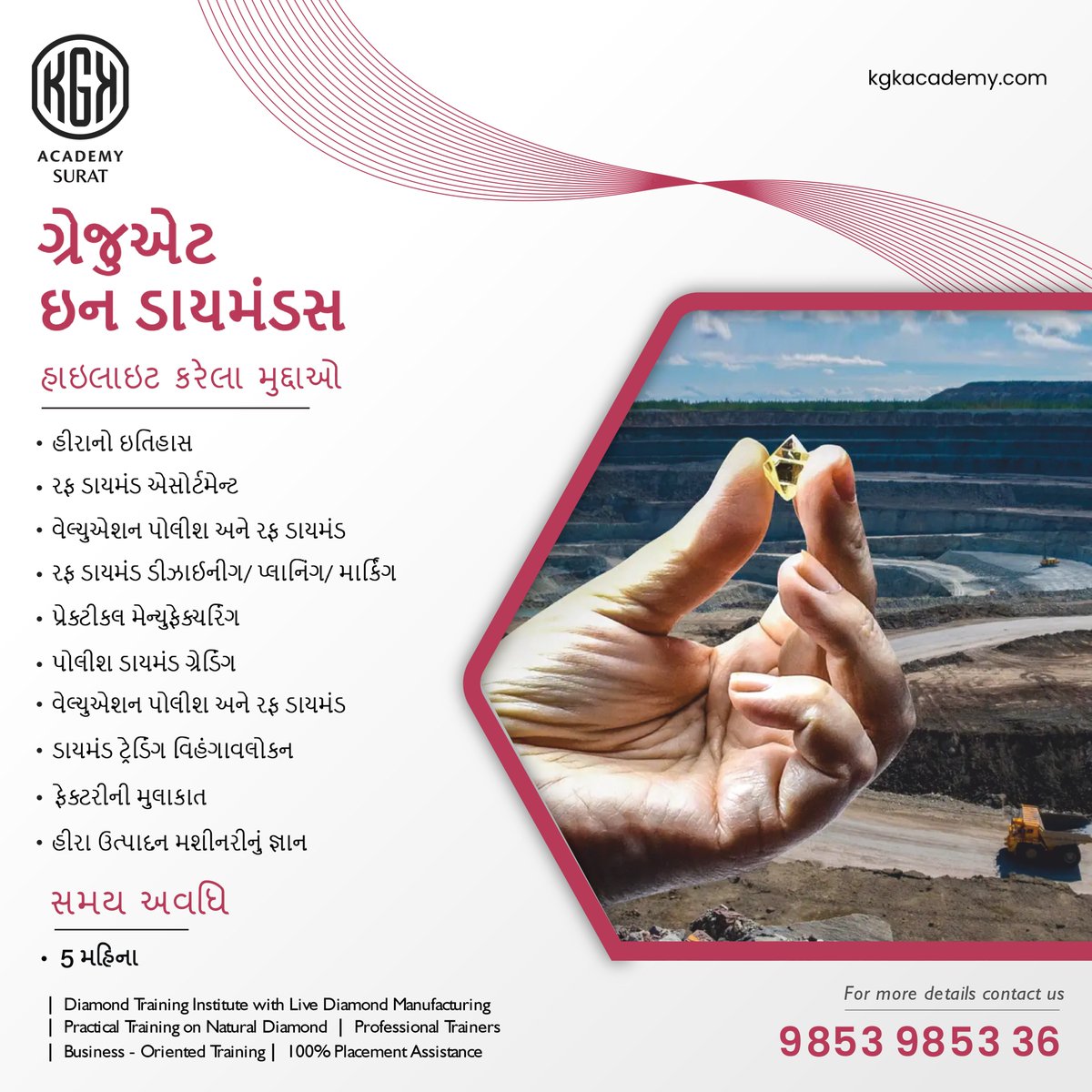 KgkAcademy's tweet photo. KGK Academy presents you with an incredible 5 months Graduate in Diamond Program.

This course will have every aspect of diamonds from history, assortment, valuation, polishing, to trading along with the knowledge of diamond manufacturing machineries. https://t.co/d9ypVYQKjH