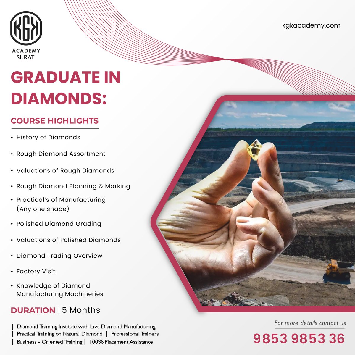 KgkAcademy's tweet photo. KGK Academy presents you with an incredible 5 months Graduate in Diamond Program.

This course will have every aspect of diamonds from history, assortment, valuation, polishing, to trading along with the knowledge of diamond manufacturing machineries. https://t.co/d9ypVYQKjH