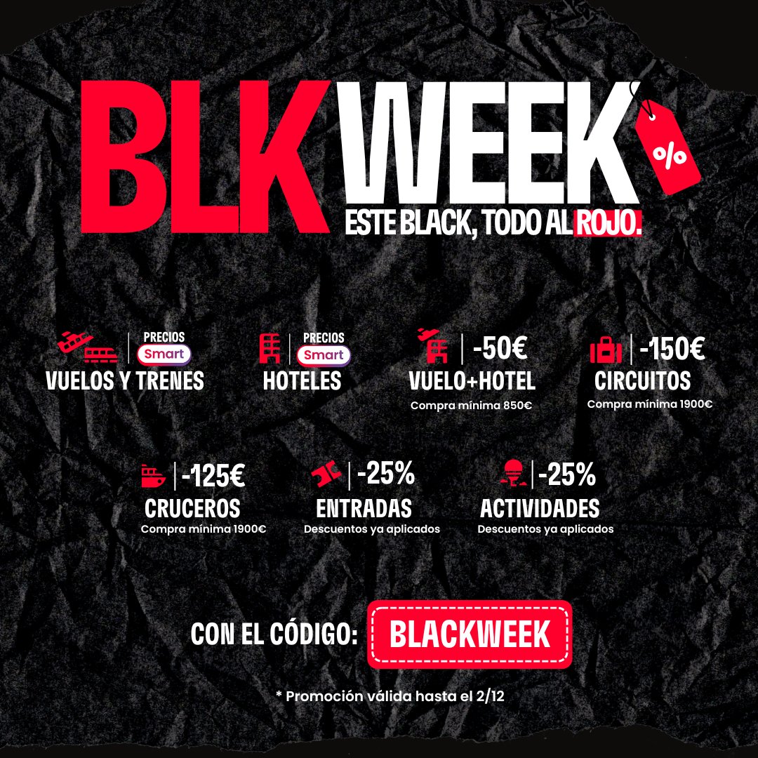¡Comienza la BLK Week! ⚫️🔴 Hasta 150€ de dto 🔥 con el código: BLACKWEEK

Más info ℹ️ 👉🏼 i.mtrbio.com/tuccyfowxm

#blackweek #blackfriday #atrapalo
