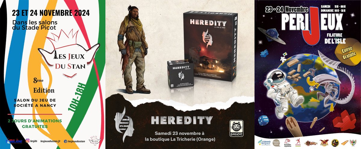 📢 Rappel : Ce WE, Heredity sera un peu partout :)  - @latricherieorange samedi à partir de 14h 30 - @festivalperijeux samedi de 11h à minuit et dimanche de 10h à 18h - Jeux du Stan à Nancy samedi et dimanche de 10h à 18h Avec l'extension Souvenirs en avant-première 🥳