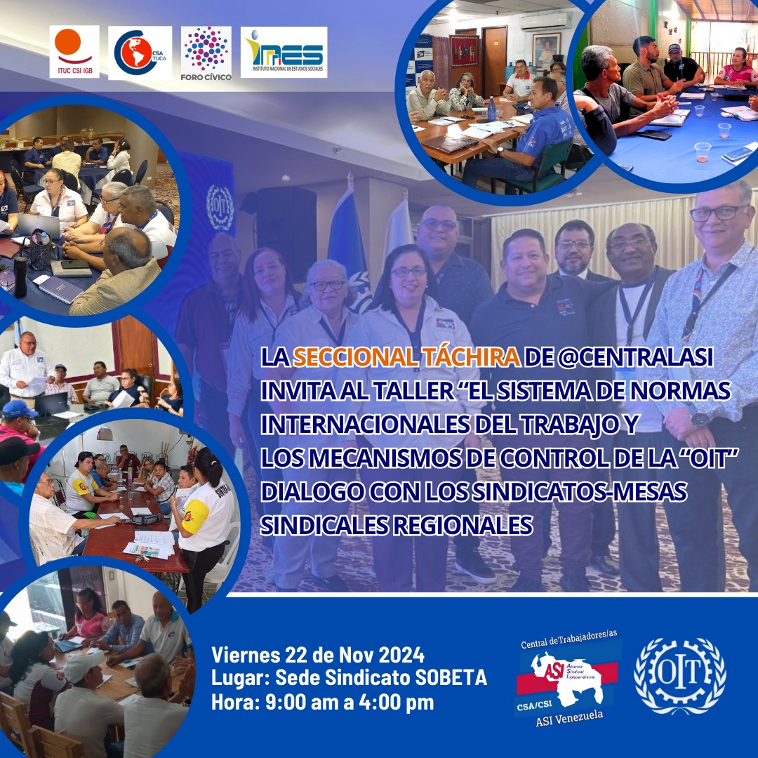 Hoy #22Nov La Seccional Táchira de <a href="/CentralASI/">Central ASI Vzla</a> realiza Taller sobre NIT en diálogo con los Sindicatos.  Mesas sindicales  #PorElDiálogoSocialTripartito #EfectivoYConResultados
<a href="/OITAndina/">OIT Países Andinos</a> <a href="/ILOACTRAV/">ILO ACTRAV</a> <a href="/CSA_TUCA/">CSA-TUCA</a>
<a href="/ituc/">ITUC</a> <a href="/inesvenezuela/">inesvenezuela</a>
<a href="/ForoCivicoVzla/">Foro Cívico</a> <a href="/CFDT/">CFDT</a>
<a href="/CNVLatam/">CNVLatinoamérica</a> <a href="/Liddesvenezuela/">LIDDES</a>