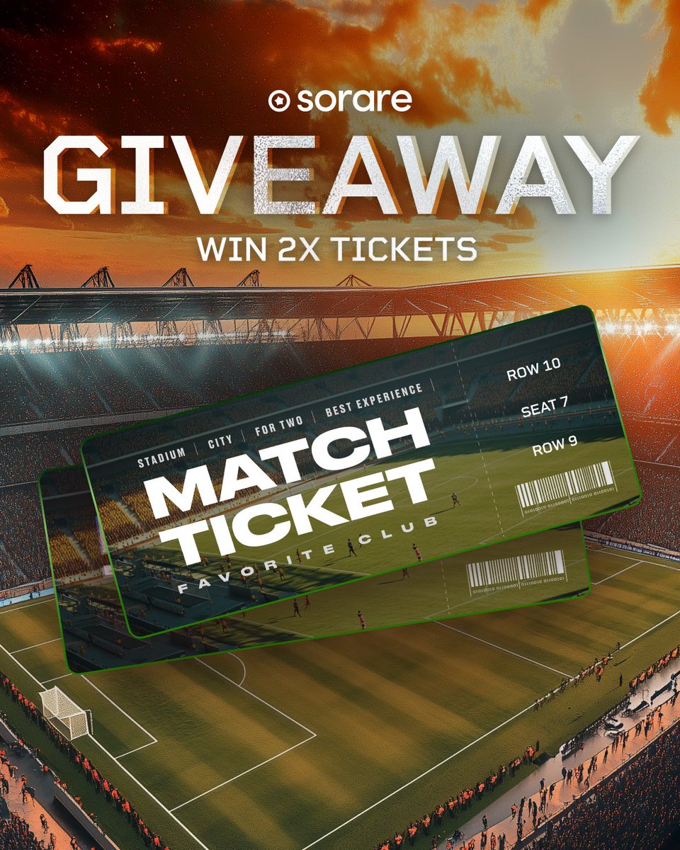 Sorare's tweet image. 🚨 𝗚𝗜𝗩𝗘𝗔𝗪𝗔𝗬 🚨  

European leagues are back! To celebrate, win 𝟮𝘅 𝗺𝗮𝘁𝗰𝗵 𝘁𝗶𝗰𝗸𝗲𝘁𝘀 for you and a friend to see your favorite club 🎟️🎟️  

To enter:

1️⃣- Follow @Sorare
2️⃣- RT this post 
3️⃣- Name a player who'll score 90+ this Game Week (29) on Sorare  

Good…