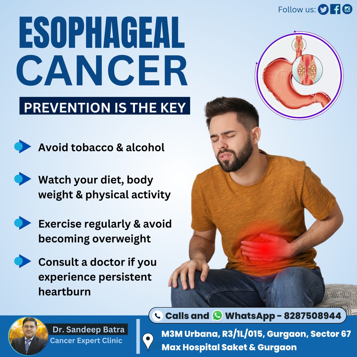 ESOPHAGEAL CANCER PREVENTION IS THE KEY

👨‍⚕️Dr. Sandeep Batra
Consultant:- Cancer Expert
Contact us at 📲8287508944
Visit us 📍M3M Urbana, R3/1L/015, Gurgaon, Sector 67 Max Hospital Saket &amp; Gurgaon

#esophagealcancer #esophagealcancerawareness #cancer #stomachcancer #esophagus