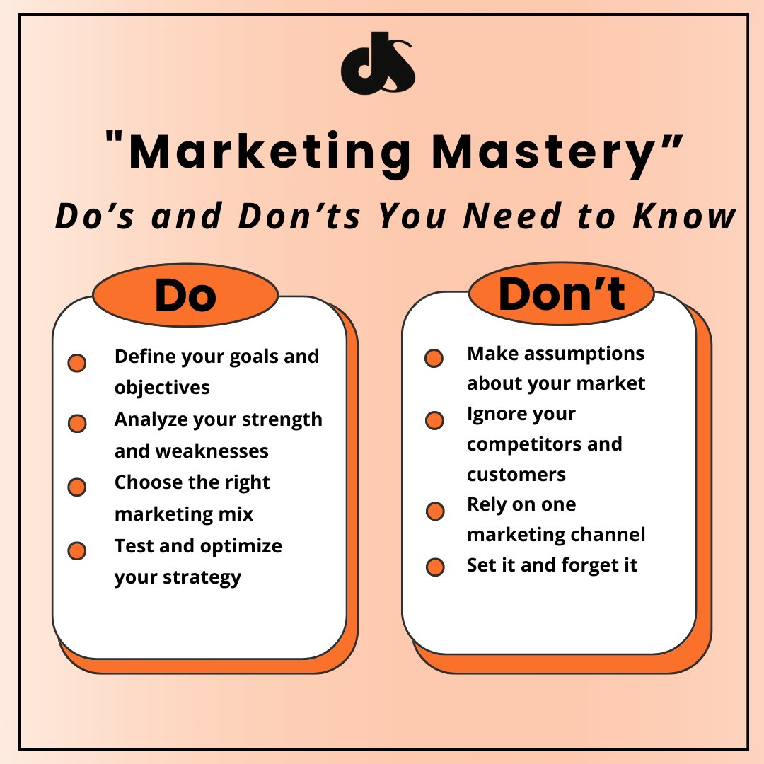 dsdmofficial's tweet image. Success in marketing lies in mastering the right moves 🎯.
Follow these Do's ✅ and avoid these Don'ts ❌ to stay ahead in the game! 🚀 
#MarketingMastery #businessgrowth #DigitalMarketingTips #marketingdoanddonts  #marketingstrategy #entrepreneurtips #DSDM #dsdmofficial