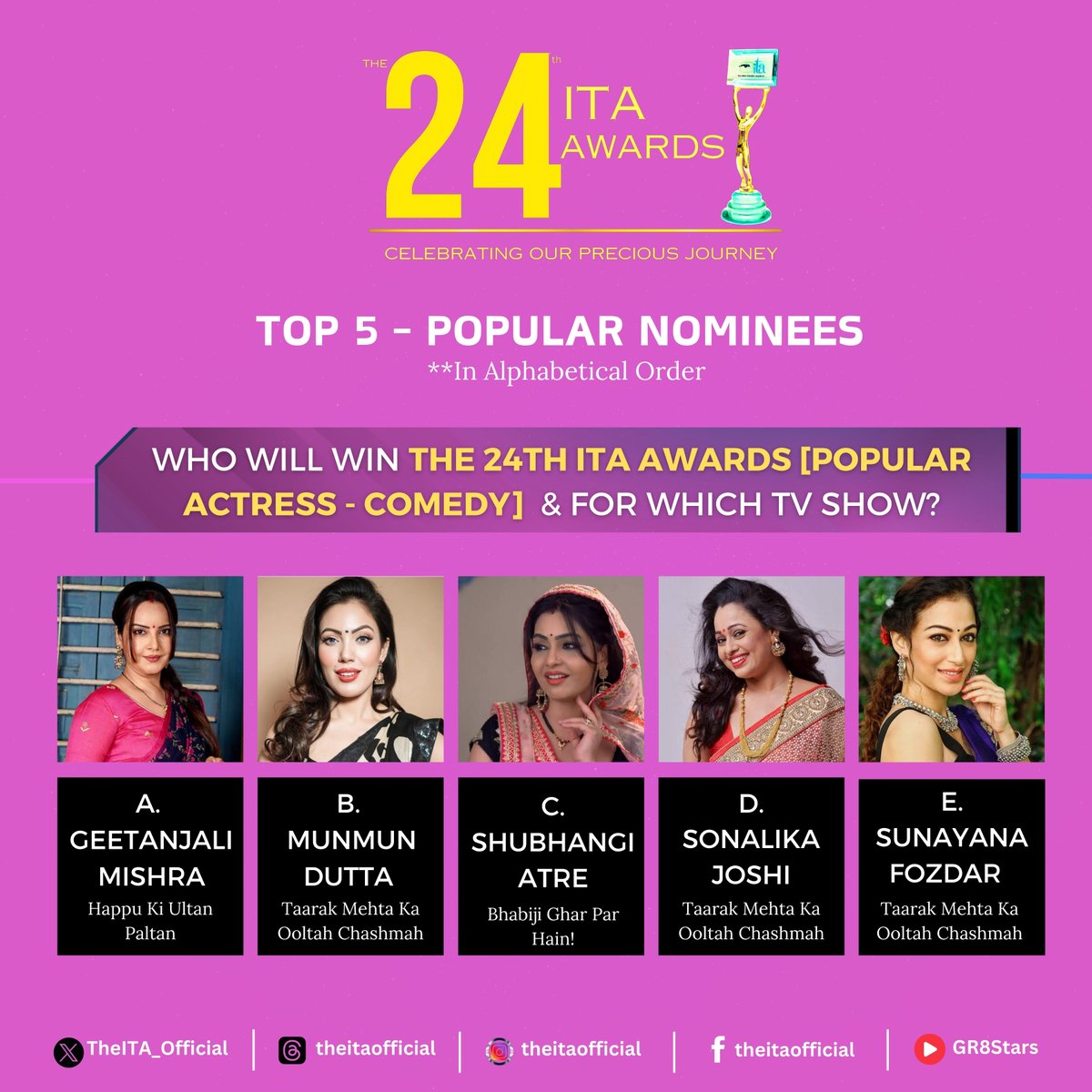 #ITAAwards (@theita_official) on Twitter photo Top 5 Nominees - Popular Actress Comedy TV
#ITAAwards #ITA2024 Top 5 Nominees - Popular Actress Comedy TV
#ITAAwards #ITA2024