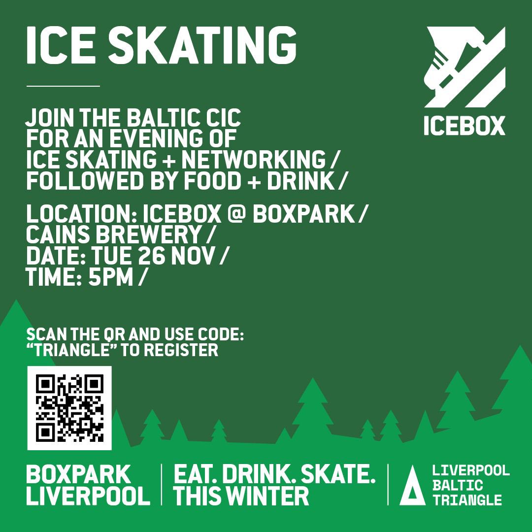 Big News! The Baltic Triangle is getting its first Ice Skating Rink ⛸️ Join us at 5pm for Skating and Networking Followed by Food &amp; Drinks on Tuesday 26th November - Location: Icebox - @boxparkliverpool ☃️ #baltictriangle