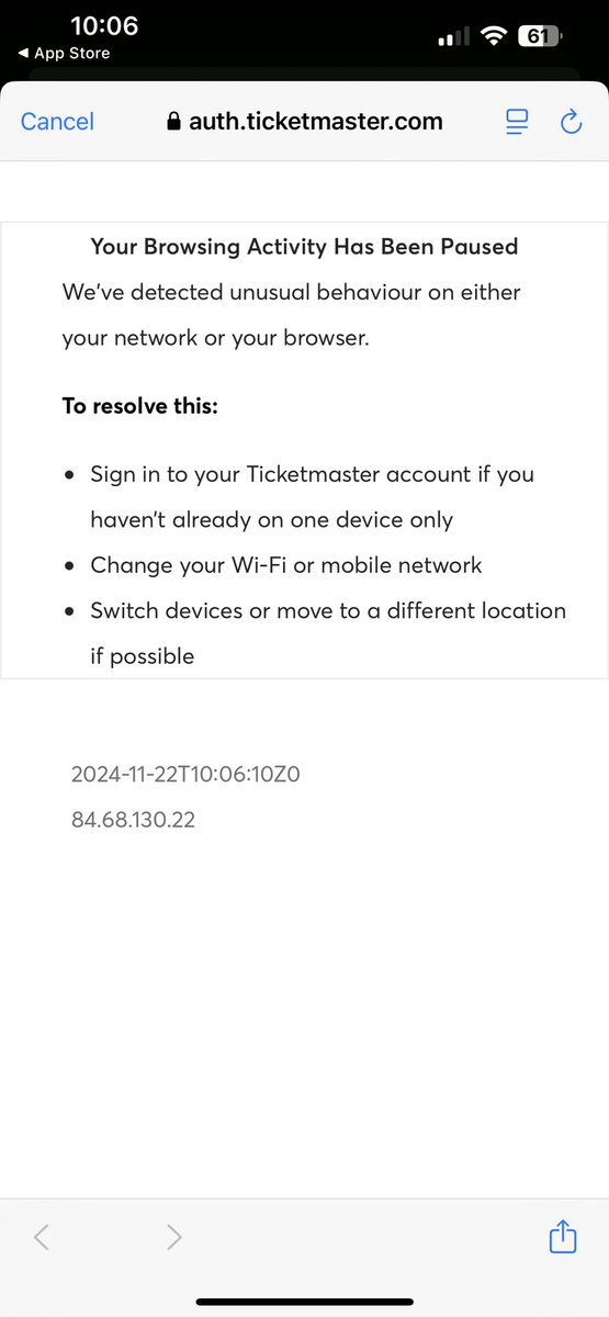 ananxiousblonde's tweet photo. @TicketmasterUK Can you let me into my account please? I did everything you suggested, seems like everyone trying to get tickets this morning got this error! 

Won’t even start on Alex Warren selling out in less than 10 seconds smh 🤦‍♀️ https://t.co/Xt14vlwLEo