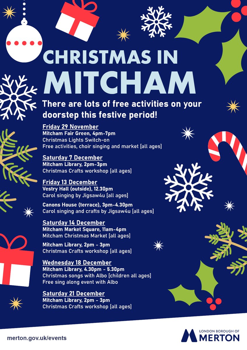 Lots going on in #MitchamVillage and surroundings this Christmas, kicking off next Friday (29th) with the Christmas lights switch on at Fair Green 4pm to 7pm - complete with carol singing and a market. Come on down!
