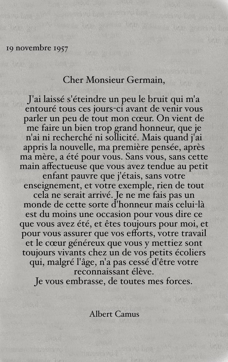 Voici la lettre envoyée par Albert Camus à son instituteur, quelques semaines après l'annonce de son Prix Nobel.
