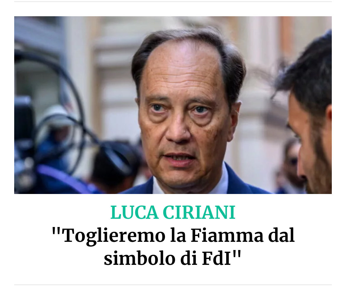 Dico da mesi che sarebbe stata tolta la #fiamma. Saggia decisione, per tutti. ⁦<a href="/ciriani_luca/">Luca Ciriani</a>⁩ ⁦<a href="/GiorgiaMeloni/">Giorgia Meloni</a>⁩