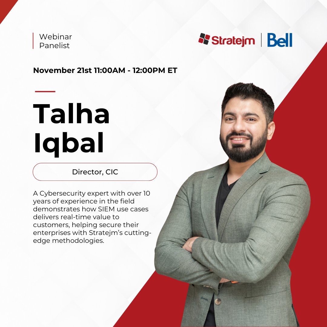 stratejm's tweet image. This Thursday, join us to meet some of the brilliant minds behind Stratejm’s innovations in cybersecurity, Talha Iqbal, CIC Director. Register now: hubs.ly/Q02YTvpW0
#CyberExperts #StratejmWebinar #TeamBell