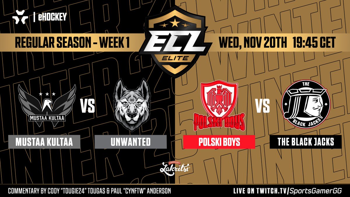 SportsGamer (@sportsgamergg) on Twitter photo 🔥 #ECL25Winter Elite - Week 1 continues! 🔥
🏒 Tonight:
🦅<a href="/MustaaKultaaNHL/">Mustaa Kultaa</a> vs 🐺<a href="/Unwanted_NHL/">UNWANTED</a>
🛡️<a href="/Polski_Boys/">Polski Boys</a> vs ♠️<a href="/BlackJacksEASHL/">The Black Jacks</a>
🗓️ Wed, Nov 20th @ 19:45 CET
📺 twitch.tv/SportsGamerGG
🎙️ <a href="/Tougie24/">Tougie24</a> & @CynFTWProd
Who’s taking the W? 👀
#KouvolanLakritsi #eHockey #NHL25 🔥 #ECL25Winter Elite - Week 1 continues! 🔥
🏒 Tonight:
🦅<a href="/MustaaKultaaNHL/">Mustaa Kultaa</a> vs 🐺<a href="/Unwanted_NHL/">UNWANTED</a>
🛡️<a href="/Polski_Boys/">Polski Boys</a> vs ♠️<a href="/BlackJacksEASHL/">The Black Jacks</a>
🗓️ Wed, Nov 20th @ 19:45 CET
📺 twitch.tv/SportsGamerGG
🎙️ <a href="/Tougie24/">Tougie24</a> & @CynFTWProd
Who’s taking the W? 👀
#KouvolanLakritsi #eHockey #NHL25