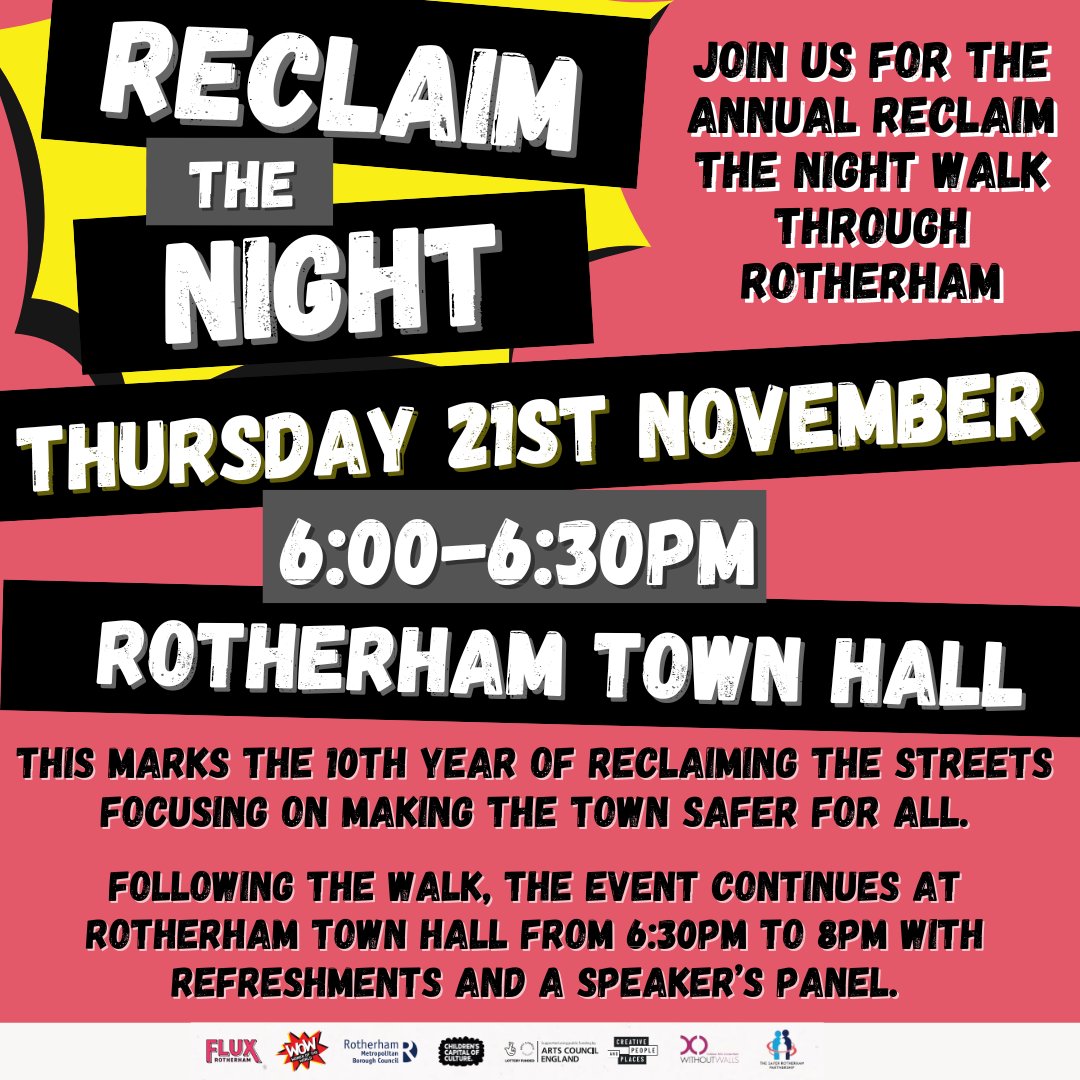 Reclaim the Night returns to Rotherham tomorrow!

Come along and join in to celebrate the 10th year of Reclaim the Night in the town centre on Thursday 21 November.

Find out more here➡ fluxrotherham.org.uk/reclaim-the-ni…