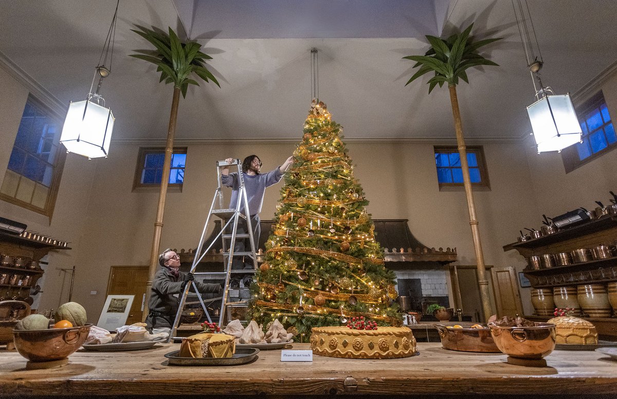 The final touches being added to a spectacular copper and gold Christmas tree in the Royal Pavilion’s historic kitchen. This dazzling Regency culinary-themed tree is one of seventeen uniquely decorated trees including a real tree outside the building for the first time