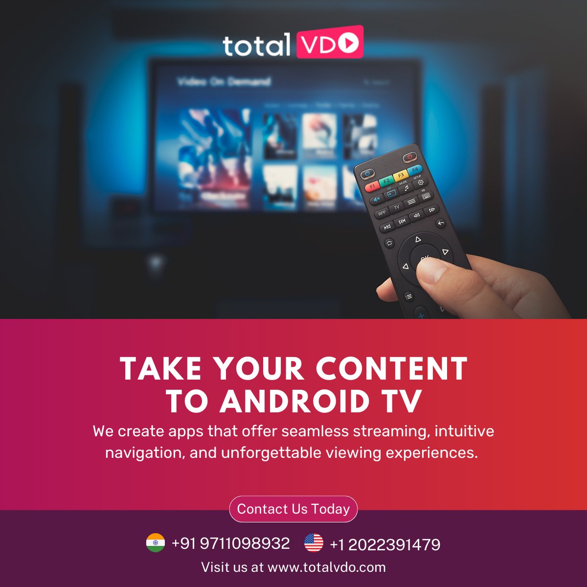 total_vdo's tweet image. Take Your Content to Android TV!

Expand your reach to the big screen with TotalVDO’s Android TV Application Development services. 
Learn More totalvdo.com/android-tv-app…

#androidtvdevelopment #smarttvapps #totalvdo #bigscreenexperience #streamingsolutions #techinnovation