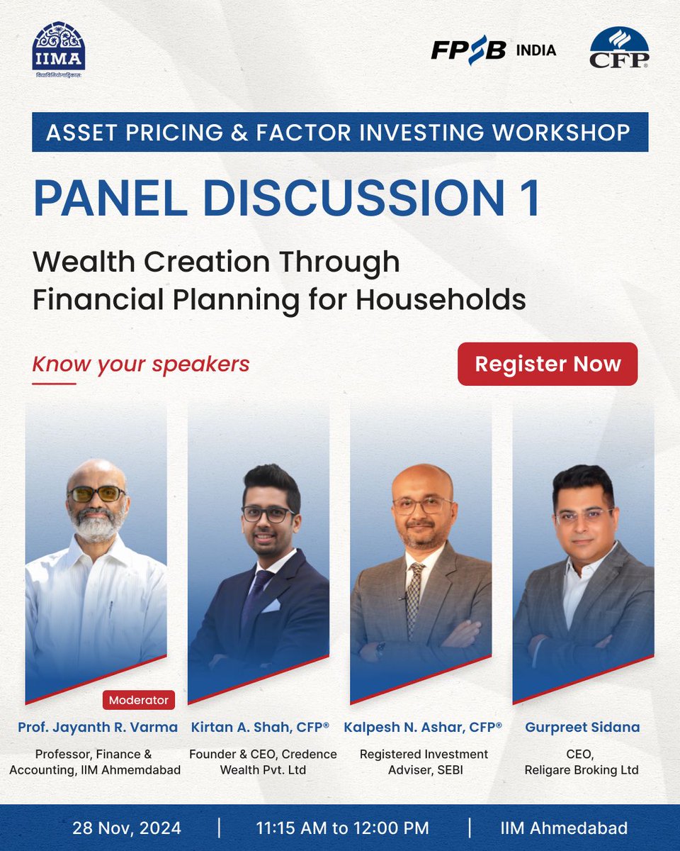 IIMAhmedabad's tweet photo. Step into the world of Wealth Creation Through Financial Planning for Households at the Asset Pricing &amp; Factor Investing Workshop on Nov 28 at #IIMA! 

Seats are filling fast. Register Now! https://t.co/LAiFmrQiPC

#CFPProfessionals #FinancialPlanning #WealthCreation https://t.co/tgo4jpFRR1