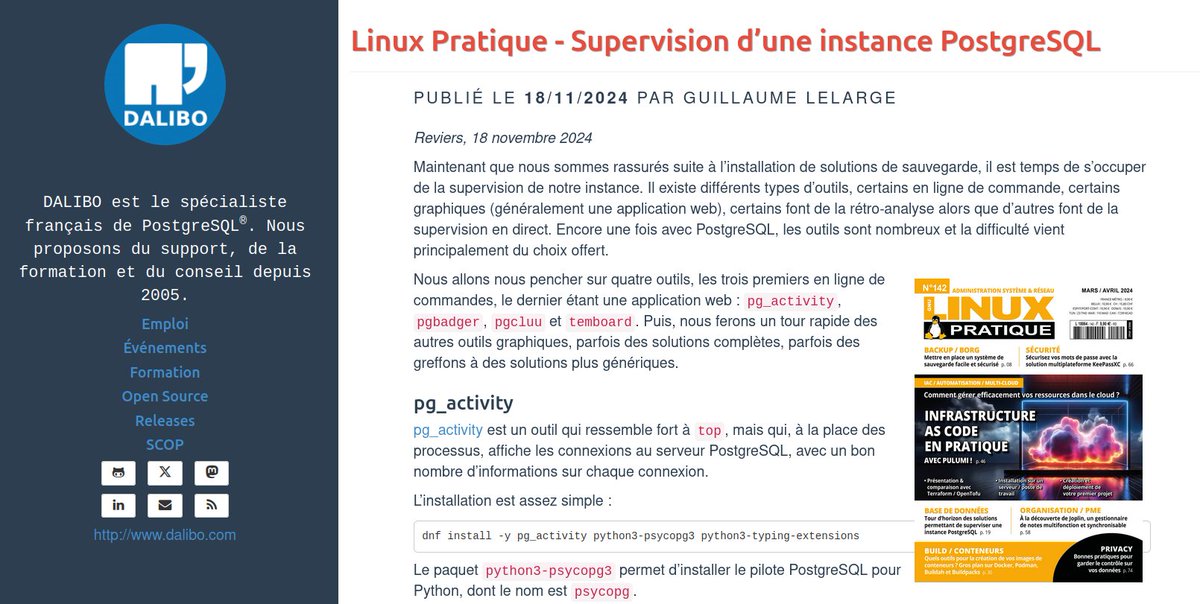 dalibo's tweet photo. Le dernier article issu de Linux Pratique et partagé par son auteur parle de supervision.
L'occasion de parler des outils #pg_activity, #pgBadger, #pgCluu, et #temBoard 🔍
=> https://t.co/7Hcy4mxHn5
#PostgreSQL #SGBD #DBA
#opensource
@dalibolabs
@editionsdiamond https://t.co/tGUMUhOLOZ