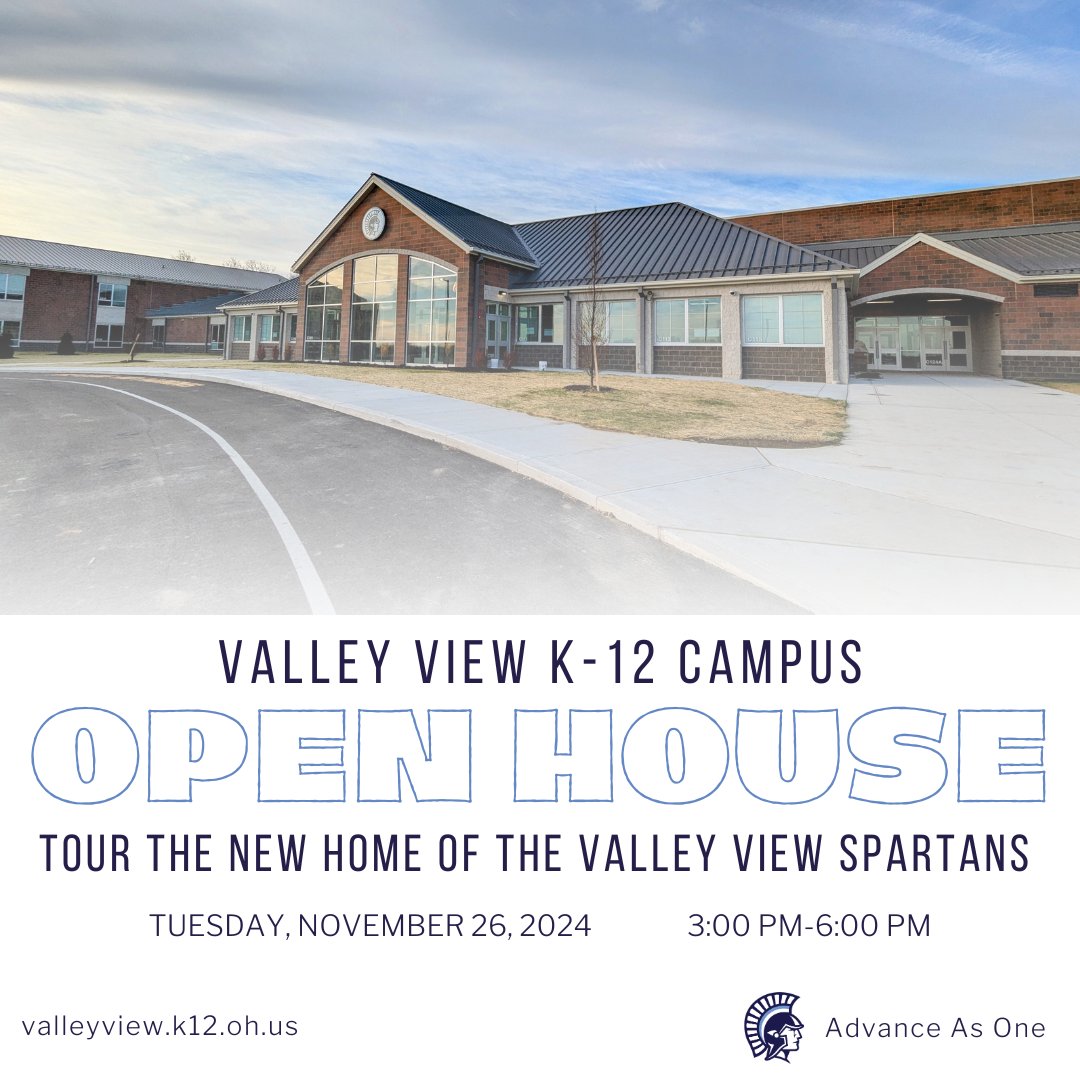 OPEN HOUSE! We hope you can drop by on Tuesday, 11/26, 3:00 PM-6:00 PM to see the new home of Valley View Spartans! #AdvanceAsOne