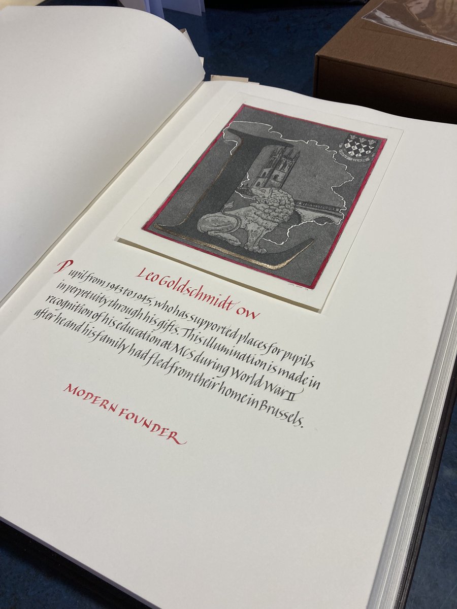 OldWaynfletes's tweet photo. The @MCSOxford Endowment Book is a timeless tribute to generosity, craftsmanship, and community. 
Crafted by an exceptional calligrapher, conservator, and master binder, this leather-bound book honours donors whose gifts shape the school’s future.

#IDPEGivingWeek https://t.co/X9TsfTPZVg