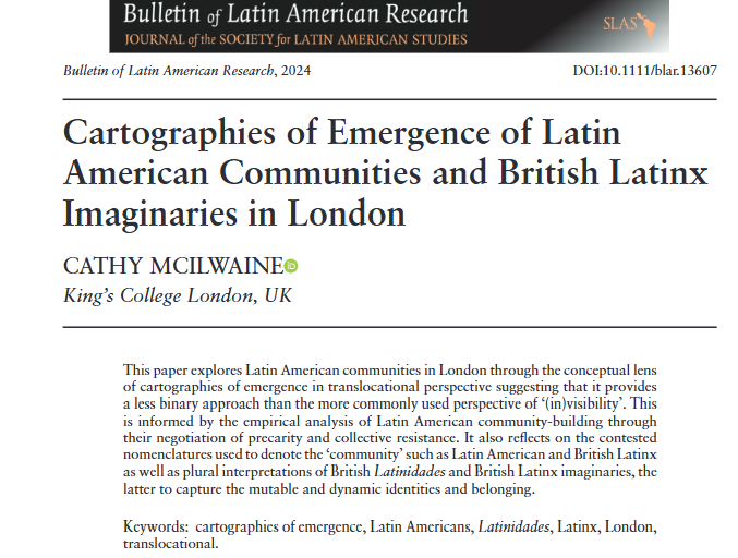 Cathy McIlwaine (@cathymcilwaine.bsky.social) (@mcilwainec) on Twitter photo For anyone interested in the Latin American community in London. New open access paper based on research since 2004. Draws on lots of collaborations (with thanks as ever) <a href="/lawrsuk/">Latin American Women's Rights Service - LAWRS</a> <a href="/LatinElephant/">Latin Elephant</a>, <a href="/MinA_theatre/">MinA_Migrants in Action</a> <a href="/LatAmB/">Latin America Bureau (LAB)</a>. <a href="/kclgeography/">King's Geography</a>
doi.org/10.1111/blar.1… For anyone interested in the Latin American community in London. New open access paper based on research since 2004. Draws on lots of collaborations (with thanks as ever) <a href="/lawrsuk/">Latin American Women's Rights Service - LAWRS</a> <a href="/LatinElephant/">Latin Elephant</a>, <a href="/MinA_theatre/">MinA_Migrants in Action</a> <a href="/LatAmB/">Latin America Bureau (LAB)</a>. <a href="/kclgeography/">King's Geography</a>
doi.org/10.1111/blar.1…