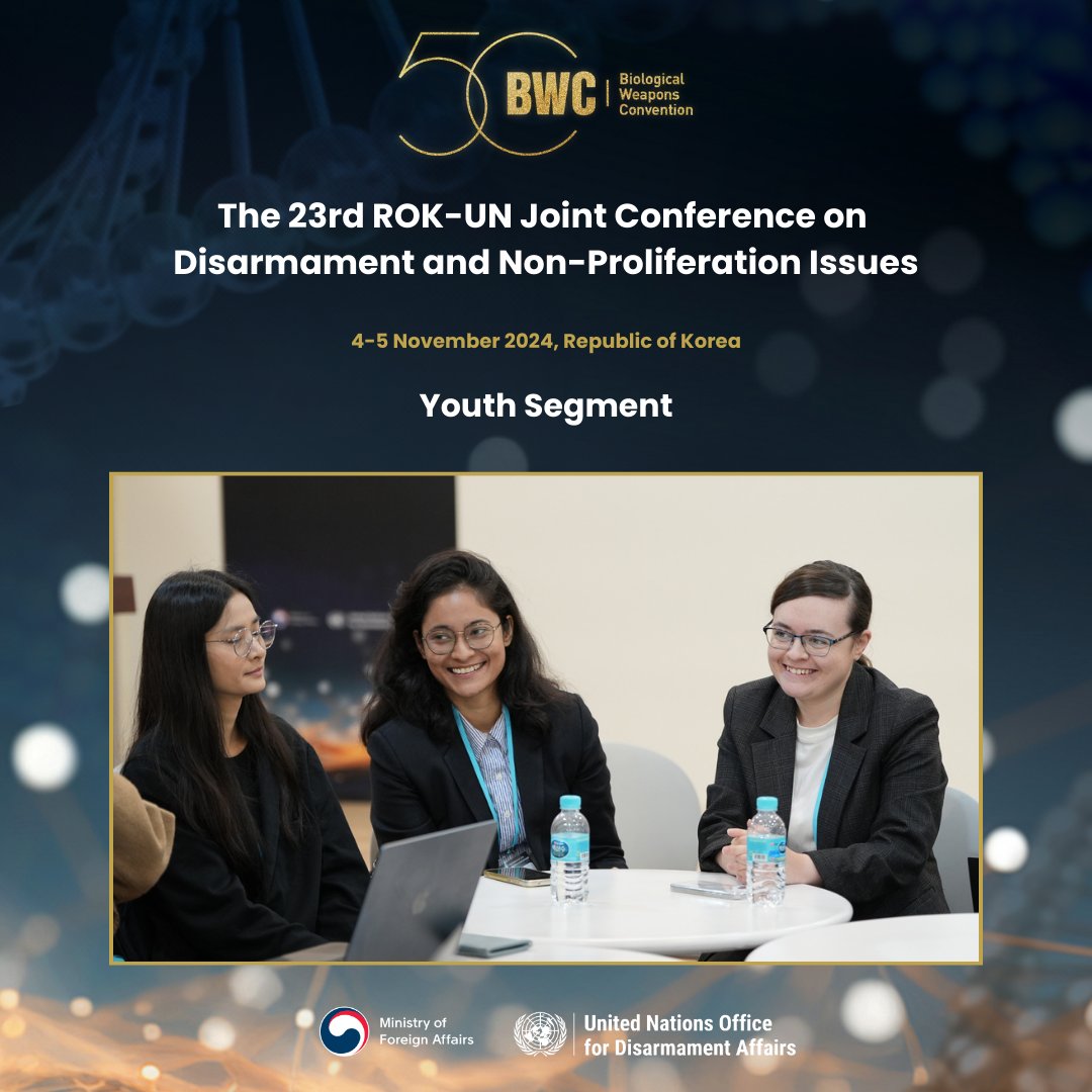UNRCPD's tweet photo. At the 23rd #ROKUN Conference, organized by @UN_Disarmament, @UNRCPD, @BWCISU and @MOFAkr_eng, youth representatives participated in discussions on strengthening the #1972BWC and on broader topics related to biosecurity and biosafety.
#Youth4Disarmament #Biosecurity #Disarmament https://t.co/y91fEx0WQv