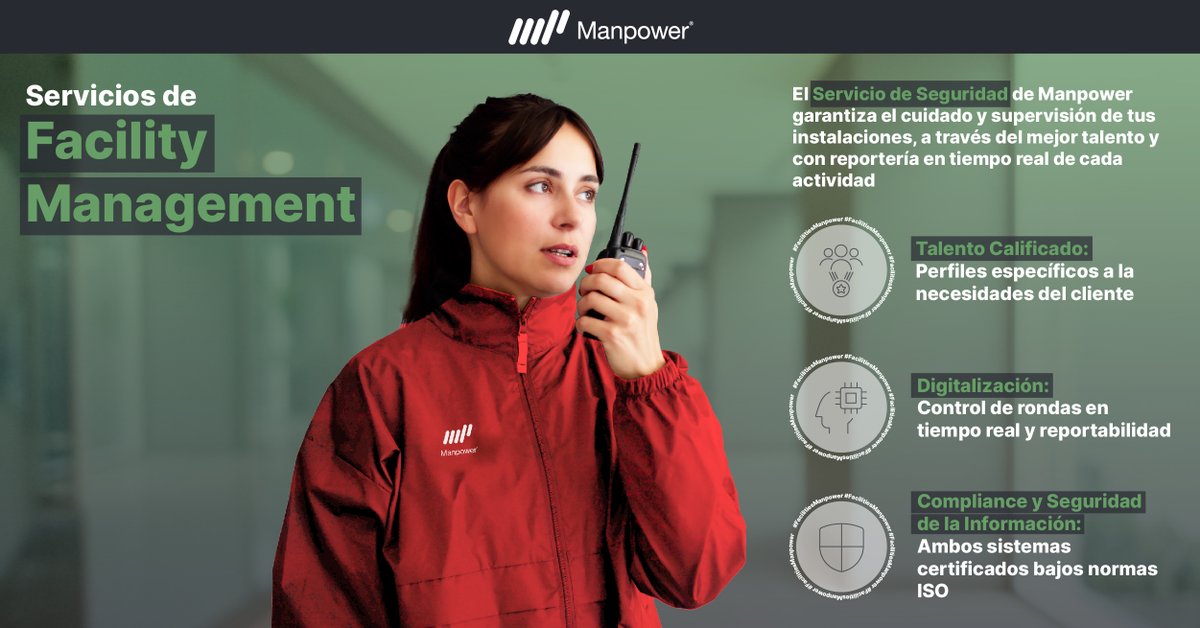 ManpowerGroupCL's tweet image. El servicio de seguridad de #Manpower incluye talento altamente capacitado y comprometido, con un sistema de monitoreo avanzado que garantiza la verificación, transparencia y seguimiento en tiempo real de cada ronda y actividad.

¡Contáctanos!
👉home.manpowergroup.cl/manpowerfacili…