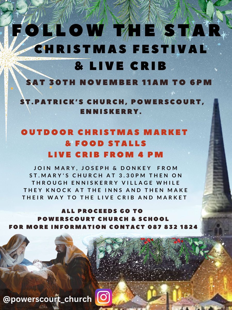 ‘Follow The Star’ Christmas Festival will take place on Saturday 30th Nov in the beautiful village of Enniskerry #Wicklow
Christmas Market, Food Stalls &amp; Live Crib
#christmasmarket #christmas