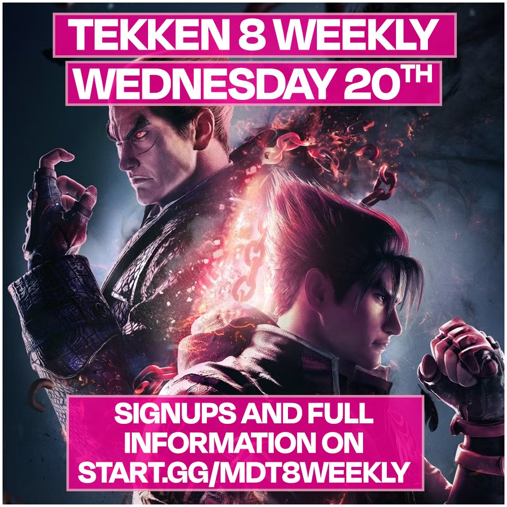 Signups for tonight's Tekken 8 weekly are live in the usual place!

Start. gg/MDT8WEEKLY

Setups available from 5PM, check-in from 6:30PM, tournament 7PM! See you there!