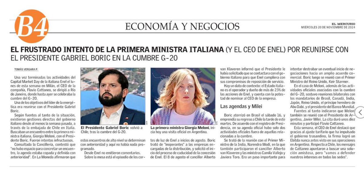 Presidente Boric, jefe de la superpotencia mundial de Chile, niega audiencia a Meloni “por problemas de agenda”. Sabrá el Presidente el poder e influencia que tiene Italia en el G7?.  En política internacional no existe espacio para caprichos adolescentes