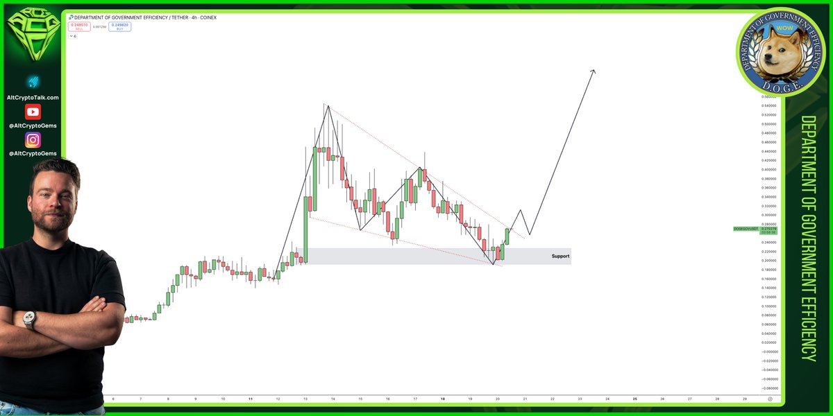 Falling wedge into support and a possible breakout here on $D.O.G.E. (Department of Government Efficiency). 🚀

No need to explain the narrative behind it, right? 😄

<a href="/elonmusk/">Elon Musk</a>