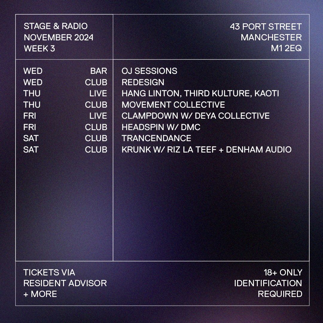 November Week 3: Swipe for the programme &gt;&gt; 

RIZ LA TEEF + Denham Audio headline the club on Saturday night bringing you the best of UKG, dubstep, grime, hardcore + breaks. 

Tickets via our website - link in bio.

18+ / ID Required.