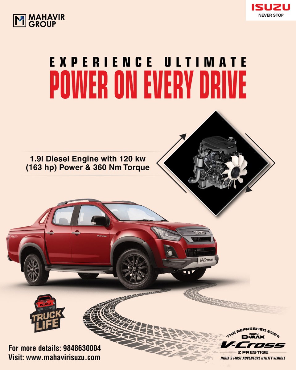 ISUZUHyderabad's tweet image. Unleash raw power with the ISUZU V-Cross engine, engineered for those who seek adventures beyond limits.
For more details call: 9848630004. Visit - bit.ly/3J8Gfjp
#MahavirISUZU #ISUZU #Allmighty #Vcross #ISUZUVcross #ISUZUdmaxVcross #ISUZUneverstop #ISUZUmotorsIndia