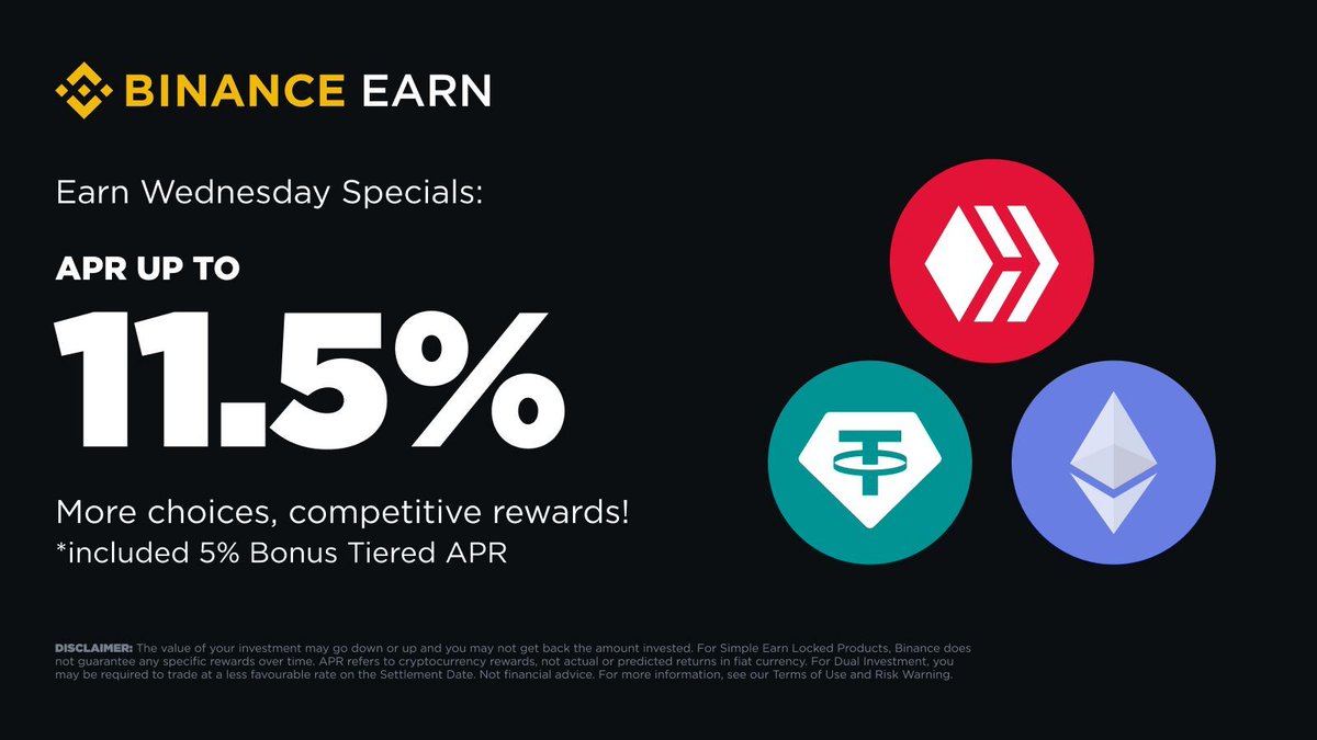 binance's tweet photo. It's Earn Wednesday!

Don't miss out on our new limited-time offers with an APR of up to 11.5%.

Subscribe now ➡️ https://t.co/QTygjWNeEt https://t.co/3SIKFpDENt