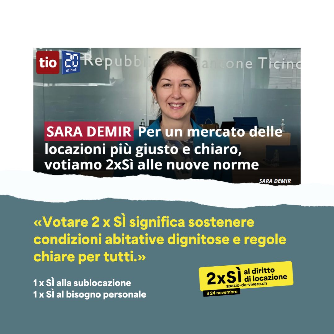 Per un mercato delle locazioni più giusto e chiaro!

📬 Vota 2 x SÌ al diritto di locazione - ora in un ufficio elettorale vicino a te!

✅Contro gli abusi ✅Per regole giuste!
1 x SÌ alla #Sublocazione e 1 x SÌ al #BisognoPersonale

#dirittodilocazione #spaziodavivere #mietrecht