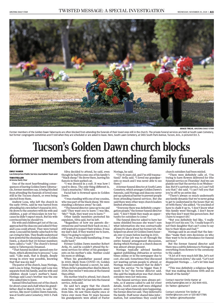 wmbhr's tweet image. Heartbreaking news in Arizona Daily Star.  I experienced this same thing only weeks ago with the death of my grandmother. I was not allowed to pay my respects to one of the most important people in my life. I am thankful that my children will not be raised like this.
#igotout