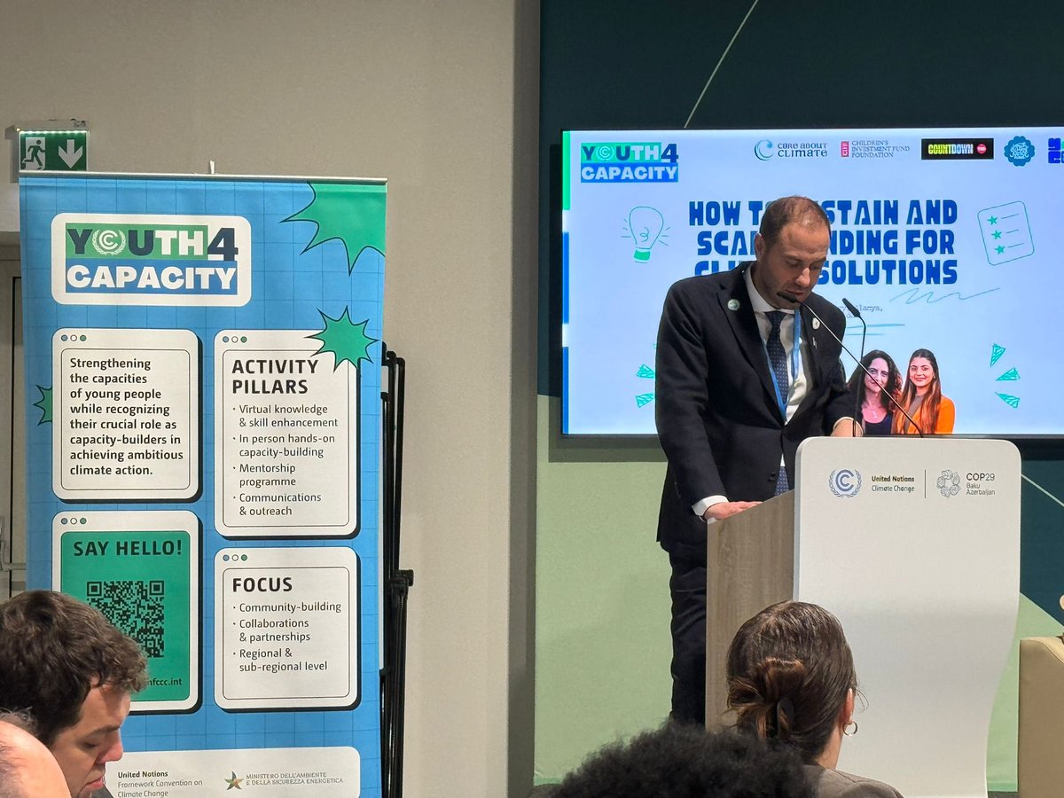 Youth4Climate (@y4cofficial) on Twitter photo ‼️ Excited to have <a href="/MASE_IT/">Ministero Ambiente e Sicurezza Energetica</a> DG Guerri share his insights on Sustaining and Scaling Funding for Climate Solutions at the #Youth4Capacity event during #COP29! An inspiring discussion on empowering youth-led initiatives and advancing bold climate solutions. 💪🏾 ‼️ Excited to have <a href="/MASE_IT/">Ministero Ambiente e Sicurezza Energetica</a> DG Guerri share his insights on Sustaining and Scaling Funding for Climate Solutions at the #Youth4Capacity event during #COP29! An inspiring discussion on empowering youth-led initiatives and advancing bold climate solutions. 💪🏾