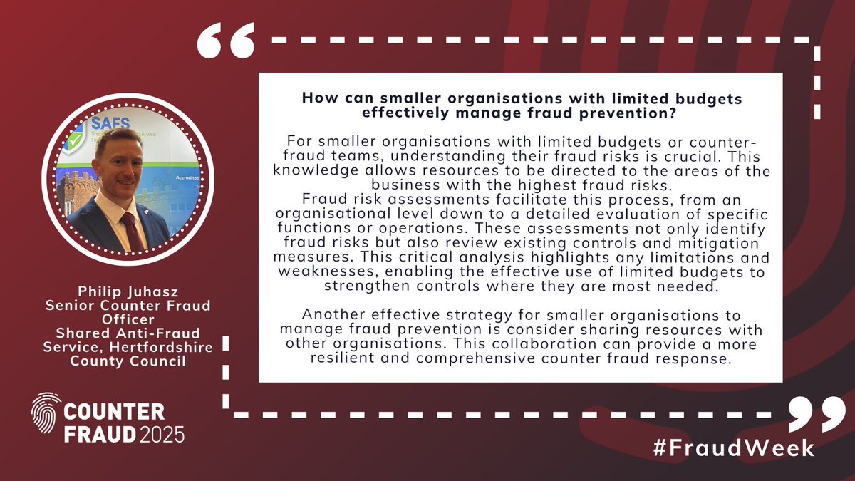 GovCounterFraud's tweet photo. Next up to share their insights is Philip Juhasz, from the Shared Anti-Fraud Service @hertscc! He stresses the importance of smaller teams understanding fraud risks to allocate resources. 

Learn more about Phil's session at #CounterFraud25: https://t.co/3vlMKUPdbQ

#FraudWeek https://t.co/ZVBKt3RJqb