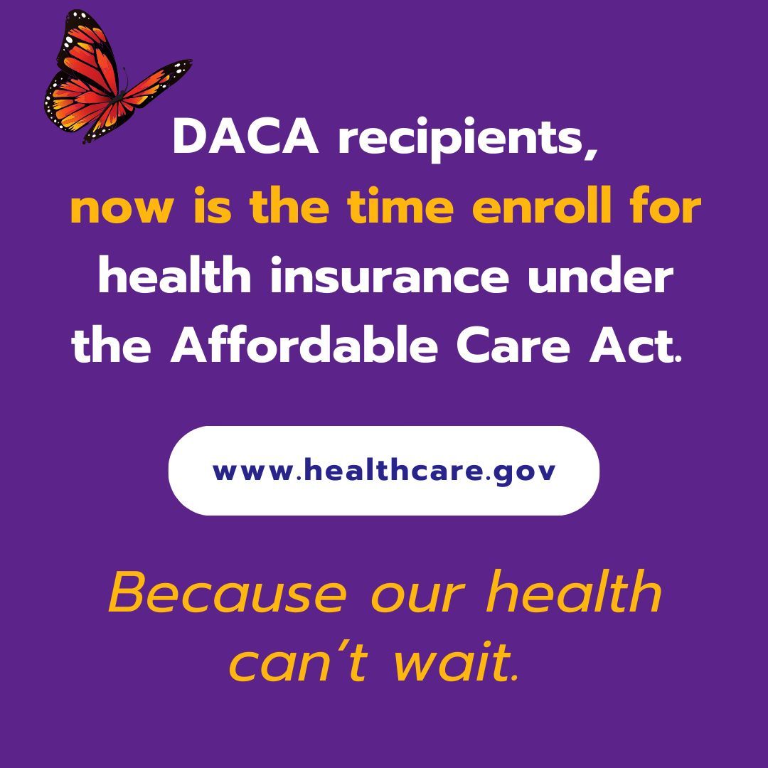 🦋Open enrollment for DACA recipients is live!🦋

DACA recipients can now apply for health insurance through the Affordable Care Act.

Learn more &amp; apply at HealthCare.gov #ACA4DACA
