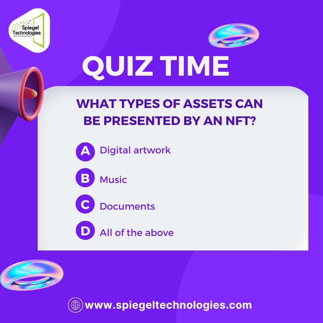 SpiegelTechies's tweet image. Quiz Time!🧠

What types of assets can be presented by an NFT?

Got your answer? Share your thoughts below!👇
#SpiegelTechnologies #quiztime #crypto #cryptotechnology #QuizTime #Bitcoin #CryptoQuiz #BlockchainTrivia #CryptoHistory #FunFacts
#LearnCrypto #BitcoinTransaction