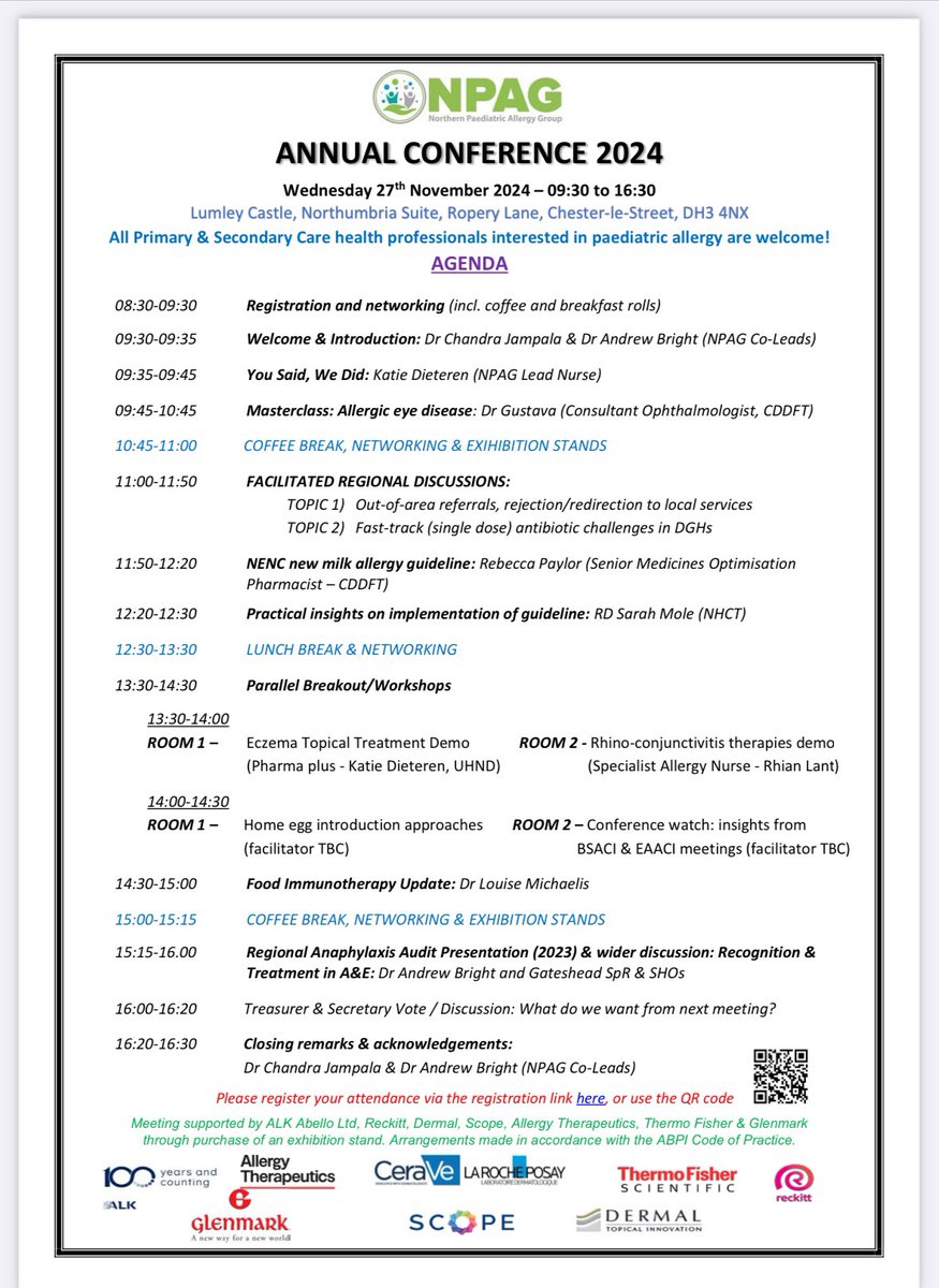 BeatAnaphylaxis's tweet photo. Last call for registration for the NPAG conference next Thursday 29th November! We have a fantastic agenda for this free meeting. Looking forward to seeing all regional HCPs interested in paediatric allergy @LumleyCastleLtd. Sign-up link below👇👇👇 @ShonaHawkins5 @NPAGNetwork https://t.co/T9SdXUzNCu