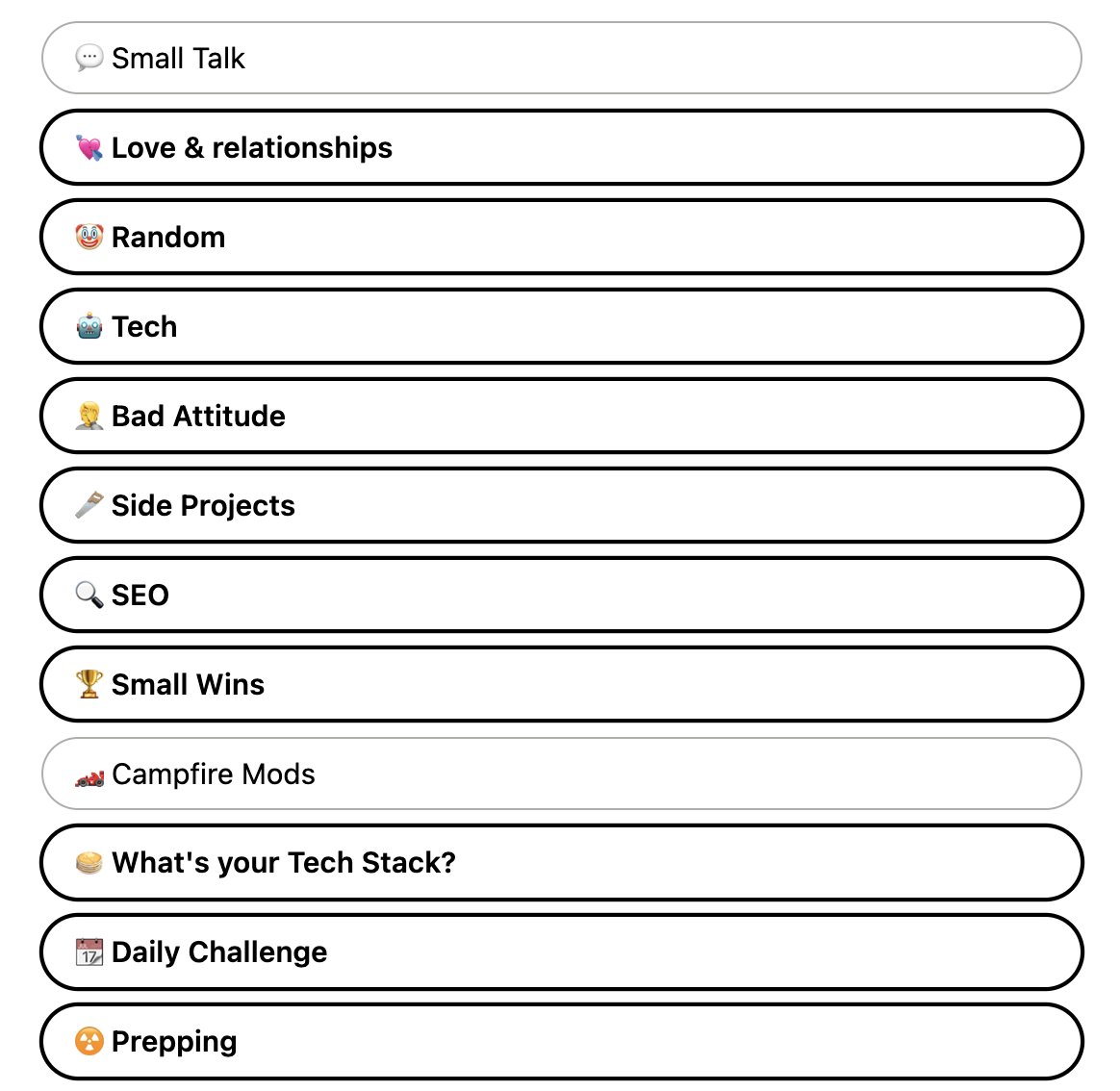 Yet ❤️ Love &amp; Relationships, 🤡 Random shit-talking, 🤦🏻‍♂️ Bad Attitude venting, and 🪚 Hacking on Side Projects top the list. Timeless priorities 🫢