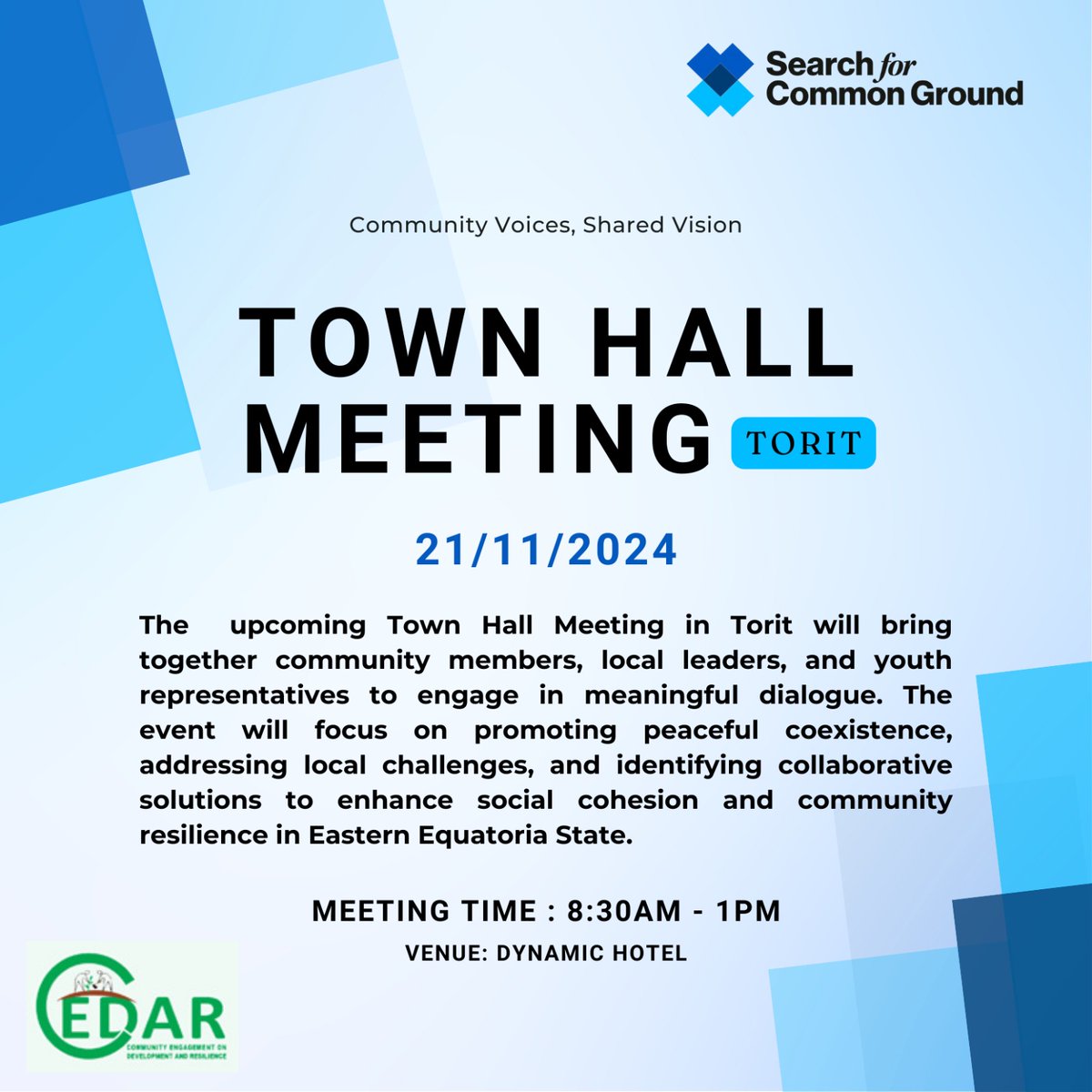 Search For Common Ground - South Sudan (@sfcg_ss) on Twitter photo <a href="/SFCG_SS/">Search For Common Ground - South Sudan</a>, in collaboration with CEDAR, is organizing a town hall meeting on Thursday, 21st November 2024, in Torit. The event will bring together key local stakeholders to discuss and address issues related to community safety and security.
<a href="/SFCG_/">Search for Common Ground</a>
#Just_Future, #SSOT, <a href="/SFCG_SS/">Search For Common Ground - South Sudan</a>, in collaboration with CEDAR, is organizing a town hall meeting on Thursday, 21st November 2024, in Torit. The event will bring together key local stakeholders to discuss and address issues related to community safety and security.
<a href="/SFCG_/">Search for Common Ground</a>
#Just_Future, #SSOT,