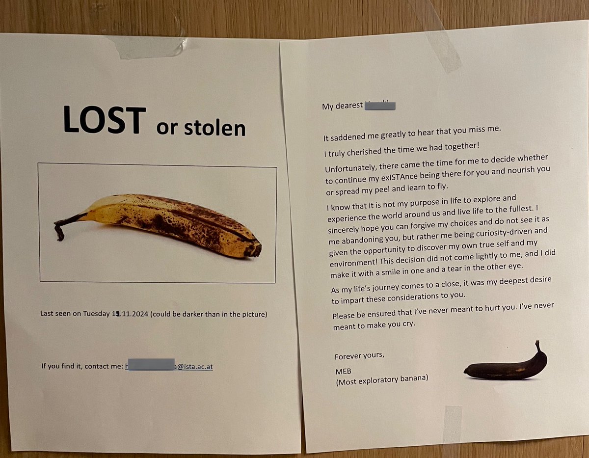 バナナ無くしたって研究室のドアに貼ってたら知らない間にバナナからお返事が来た………

俺の旅立ちを許してくれ、泣かないでくれって言われてる、バナナから🍌