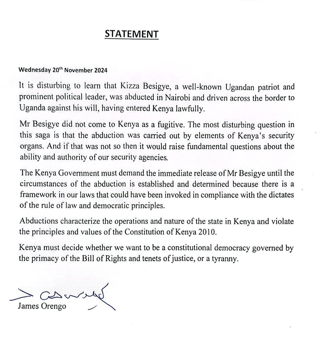 Statement on the unlawful abduction of Kizza Besigye.