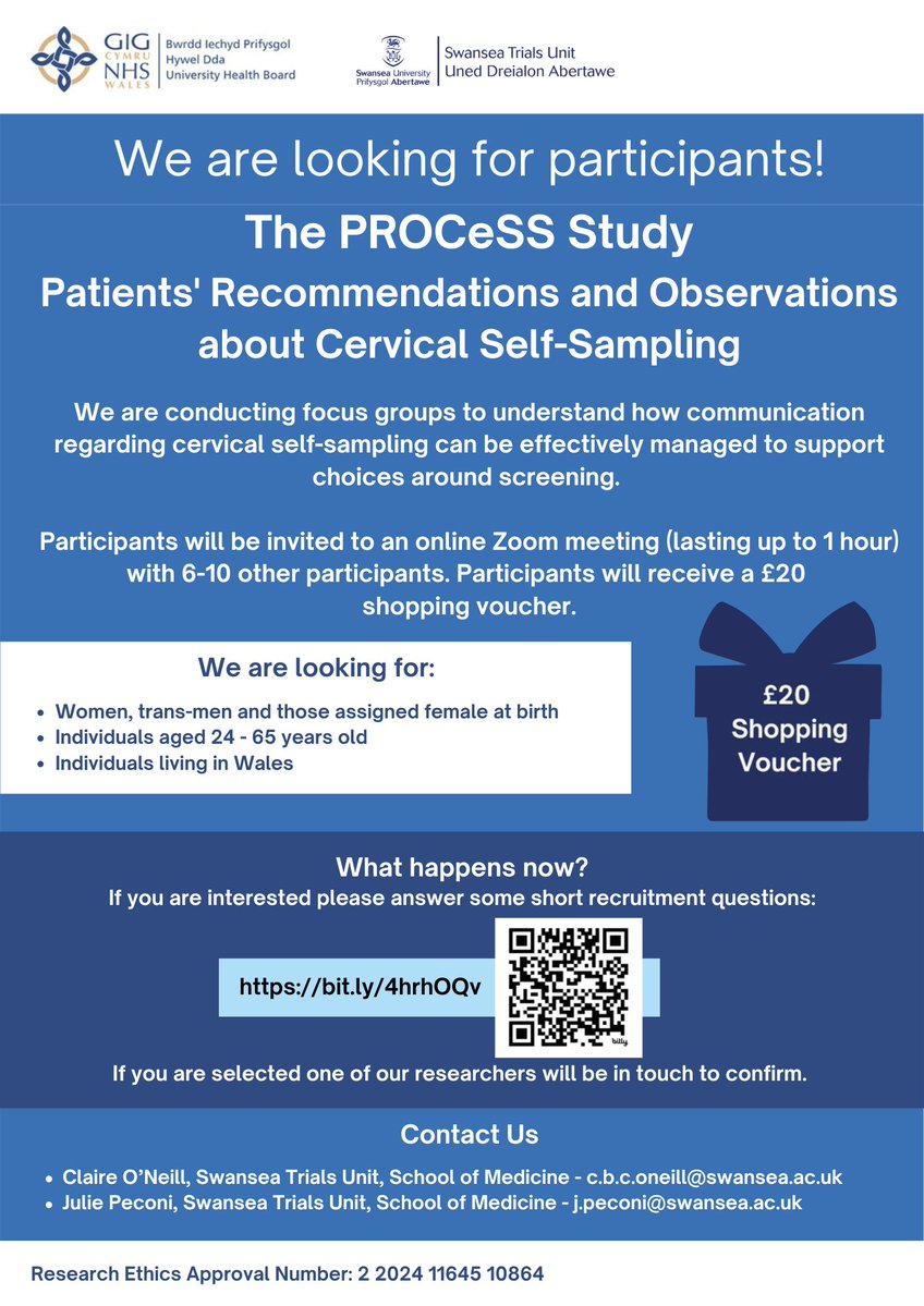 We're running an online focus group on self-sampling &amp; cervical screening. Express your interest by filling out the recruitment questions: bit.ly/4hrhOQv <a href="/HywelDdaHB/">Hywel Dda UHB</a>