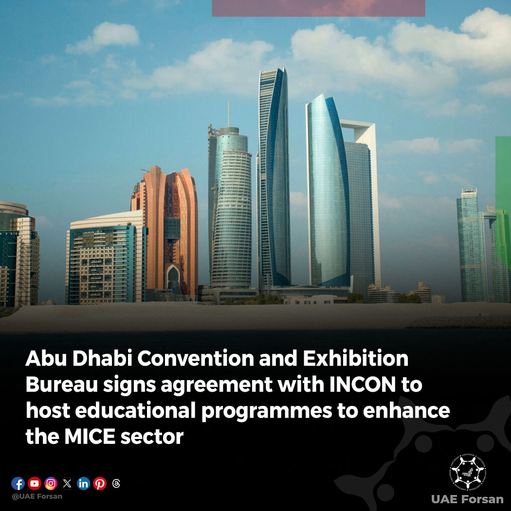 UAE_Forsan's tweet photo. Abu Dhabi Convention and Exhibition Bureau signs agreement with INCON to host educational programmes to enhance the MICE sector 
#UAE #InAbuDhabi #INCON 
@AbuDhabiCB 
@INCONGroup https://t.co/iq8AKhrh75