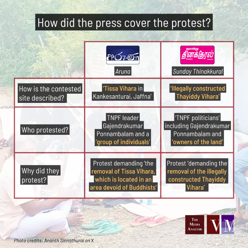 verite_tma's tweet photo. On November 15, the @TnpfOrg &amp; a few locals staged a protest in #Thaiyiddy
 
How did the Sinhala newspaper Aruna &amp; Tamil newspaper Sunday Thinakkural cover the protest?
 
#MediaLK #TheDivide