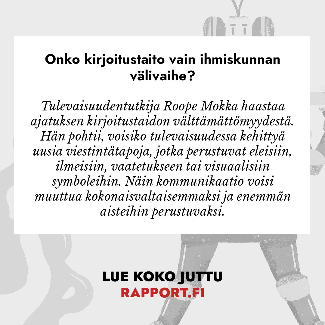 RapportFI's tweet photo. 🖌️ Miten kulttuuri kehittyy, kun digitalisaatio, budjettileikkaukset ja yleisöjen pirstaloituminen muokkaavat tapaamme nauttia siitä?

Tulevaisuudentutkija Roope Mokka muistuttaa, että vaikka digitaalisuus haastaa perinteiset muodot, kulttuuri on edelleen avain yhteisöllisyyteen.
https://t.co/ifMu4JXOuf

Tämä juttu on Aiherahoitettu artikkeli. Jutun tilaaja on Kulttuuri Espoo.