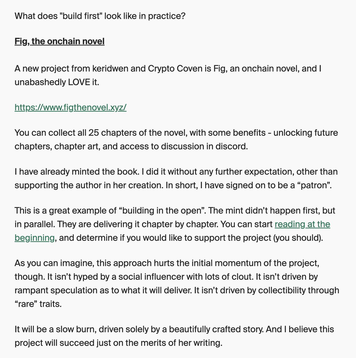xuannu.eth (@xuannu_eth) on Twitter photo here's a lovely writeup by <a href="/dirthippy/">dirthippy (โข๏ธ ๐ก,๐ฎ,๐งโโ๏ธ)</a> on <a href="/figthenovel/">Fig the novel โจ๏ธ</a>, our experiment in publishing a novel onchain
fig is what it looks like to be radically optimistic about cryptoโnot focused on short-term hype for maximal value extraction, Just Good Writing
app.t2.world/article/cm3j6lโฆ here's a lovely writeup by <a href="/dirthippy/">dirthippy (โข๏ธ ๐ก,๐ฎ,๐งโโ๏ธ)</a> on <a href="/figthenovel/">Fig the novel โจ๏ธ</a>, our experiment in publishing a novel onchain
fig is what it looks like to be radically optimistic about cryptoโnot focused on short-term hype for maximal value extraction, Just Good Writing
app.t2.world/article/cm3j6lโฆ
