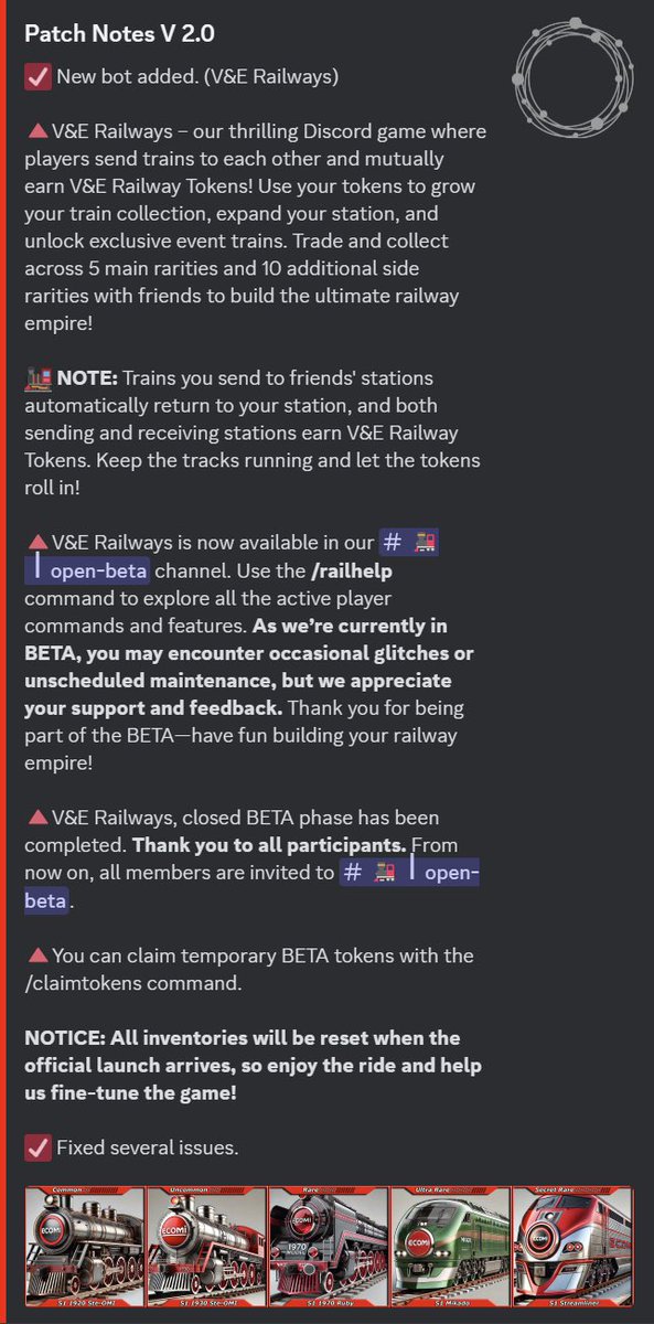 🚂 All Aboard the Latest Update! Exclusively for Ecomi Discord Members! 🚂

discord.gg/ecomi

Patch Notes V 2.5 introduces the V&amp;E Railways Achievement System 🎉:
🏅 Unlock exclusive rewards for collecting trains, from Steomi to the legendary Dragonflight!

🎯 New
